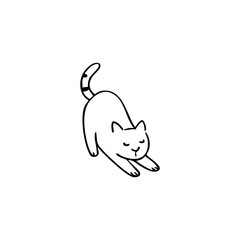 Simple black line drawing of a cartoon cat stretching