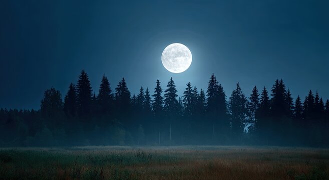 Full moon over a misty forest