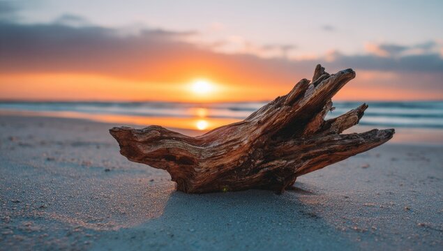 Driftwood on a beach at sunset