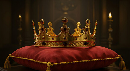 Royal Gold Crown with Jewels on a Red Velvet Pillow in a Dark Chamber
