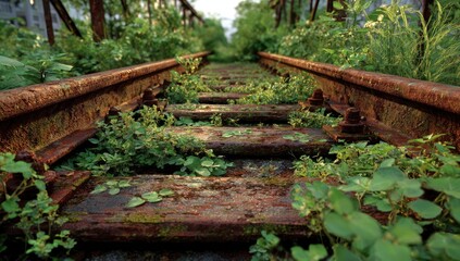 Decaying railway tracks overgrown with lush vegetation