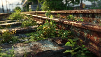 Rusted train tracks overgrown with vibrant greenery