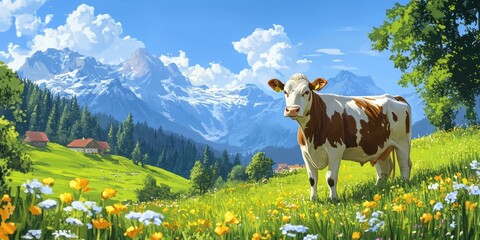A cow is standing in a field of flowers