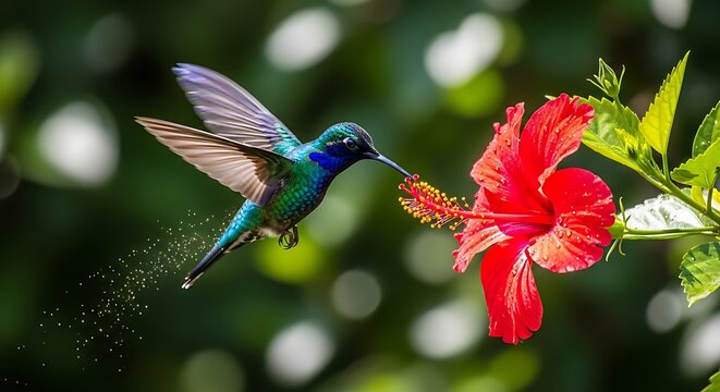 Hummingbird feeding on flower.
