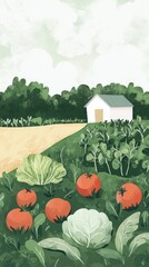 A drawing of a garden with a house in the background