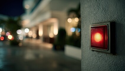 Illuminated red button on a wall at night