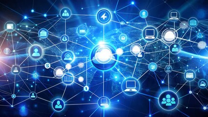 Digital World Map Connected by Blue Network Lines and Icons technology connection - Powered by Adobe