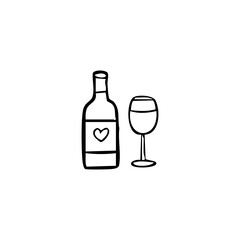 Simple black and white sketch of a wine bottle and glass with a heart design on the bottle