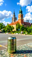 Aluminum can in front of historic building