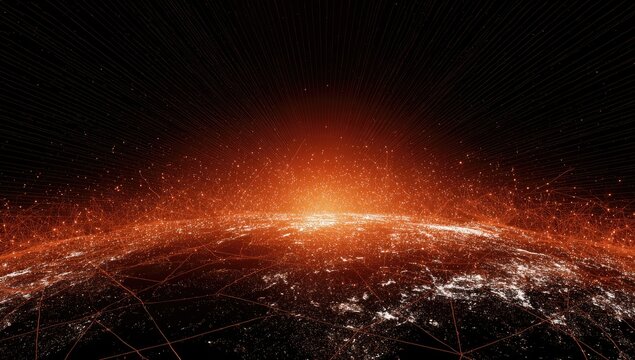 A digital representation of the Earth, with radiating light and connected network lines