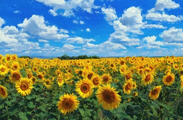 Panoramic Sunflower Field Under a Blue Sky