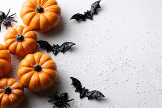 Pumpkins bats spiders on white background with white specks Halloween decoration