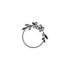 Black and white circular floral wreath graphic design