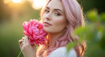 Beautiful Woman with Pink Hair and Peony.