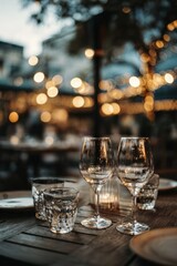 Outdoor dining scene at twilight