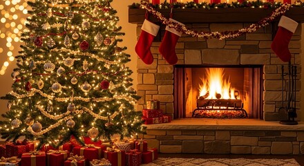 Christmas Fireplace and Tree Cozy Scene.