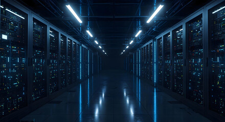 Long Dark Corridor in Data Center with Glowing Servers and Lights