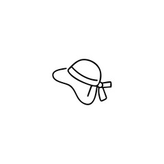 Simple black line drawing of a women's summer hat with a ribbon and bow