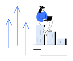 Fototapeta na wymiar Woman using laptop on ascending bar graph alongside three upward arrows, symbolizing growth, success, business development, financial progress, achievement, career growth. Ideal for progress