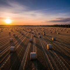Golden Sunset Over Hay Bales in a Field.