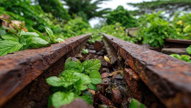 Rusty railway tracks overgrown with vibrant greenery - Powered by Adobe