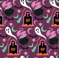 Halloween Seamless Vector Pattern &ndash; Spooky Pumpkins, Ghosts and Haunted Night Background