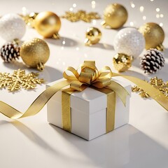 Christmas Gift, White Box, Gold Ribbon.