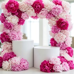 Pink and White Floral Arch with White Cylinders.