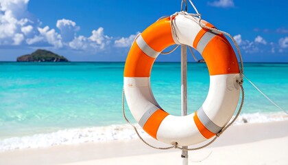 Orange and white life buoy on beach