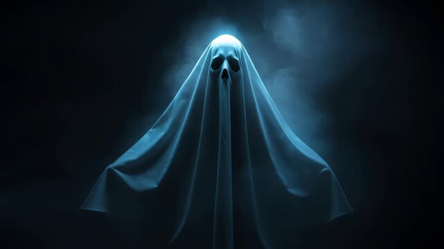 Floating skeleton ghost appearing gradually through blue smoke. Digital spooky Halloween apparition for paranormal concept video.