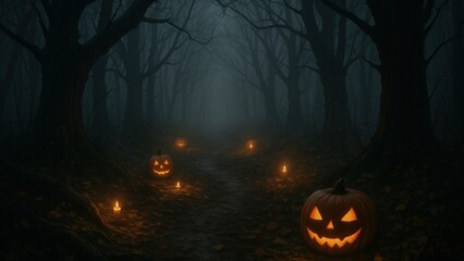 Spooky forest with glowing pumpkins wallpaper for desktop