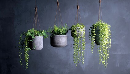 Hanging planters with trailing succulents against a textured wall