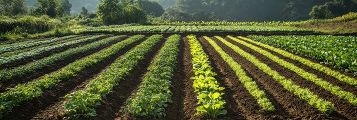 Fototapeta premium A field of vegetables with rows of green and yellow plants