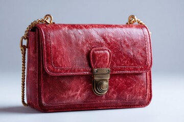 Red leather purse w gold chain featuring aged texture and metallic clasp on a soft background