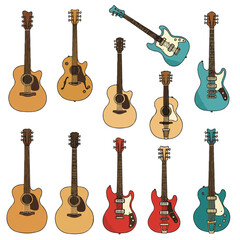 Naklejka premium A carefully curated collection of various vintage guitars, presented in a clean flat 2D vector illustration style on a plain white background, evoking classic musical heritage.