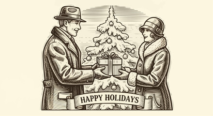Christmas 2025 vintage happy holidays christmas gift exchange illustration with couple and christmas tree design vector vector