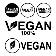 Fototapeta premium Modern vegan mark with clean leaf graphic and 100 percent wording for eco conscious label, organic product and health food
