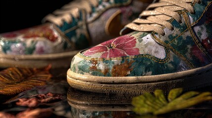 Detailed Floral Pattern Sneakers, Artistic Footwear with Nature Elements
