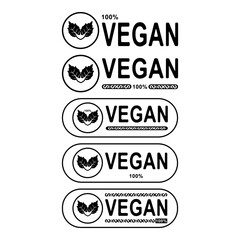 Vegan label design with leaf icon and 100 percent text certification for organic lifestyle products.