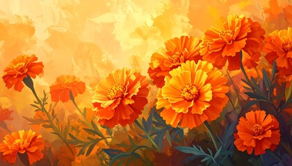 Orange marigold flowers in warm sunlight