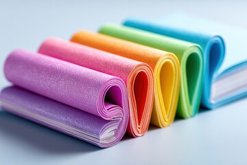 Rolled color paper stack in purple pink orange yellow green  blue shades on a light gray surface