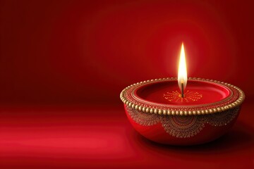 Redtoned image showcases a detailed diya a small oil lamp with a bright flame set against a matching red backdrop