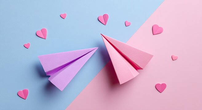 Pastel paper airplanes and hearts