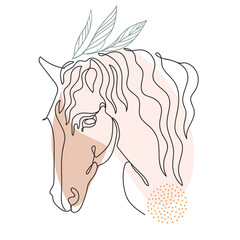 One continuous Line Horse portrait with Botanical Elements