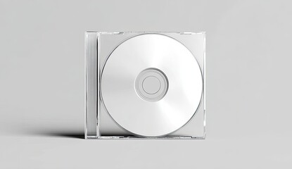 A clear plastic CD case with a blank white CD inside