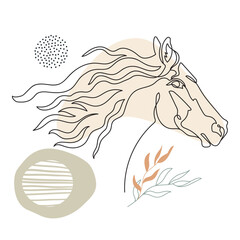 Single line drawing running horse with botanical elements vector