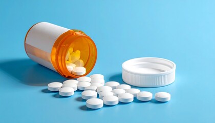 Orange pill bottle with scattered white pills on a blue background