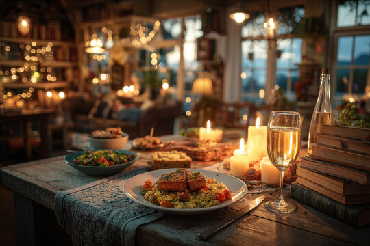 Pasta on a plate on a table in a room with books and candles.