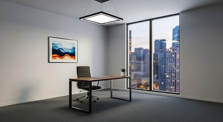 Modern Minimalist Office Workspace with City View.
