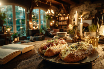 Fototapeta premium Two hot dogs with filling on a plate on a table in a room with books and candles.